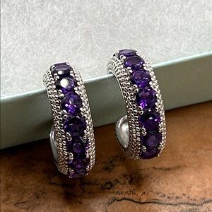 Amethyst 925 Sterling Women’s Hoop Huggie Earrings Signed 16 Stones Deep Purple